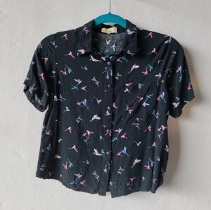 Small bird print crop button up cotton shirt